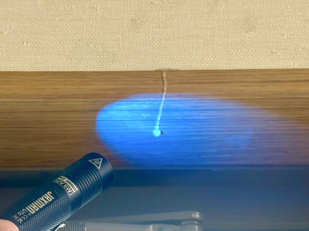 室内サッシまわりで調査液（グリーン）の発光を確認