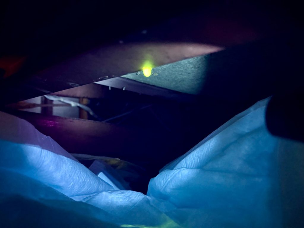 天井内部にて発光反応(レインボービュー)を確認