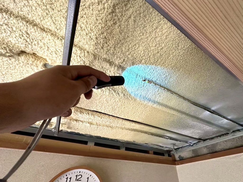 雨漏り調査 特殊発光液レインボービュー 室内天井にてレインボービュー(グリーン)の発光反応を確認