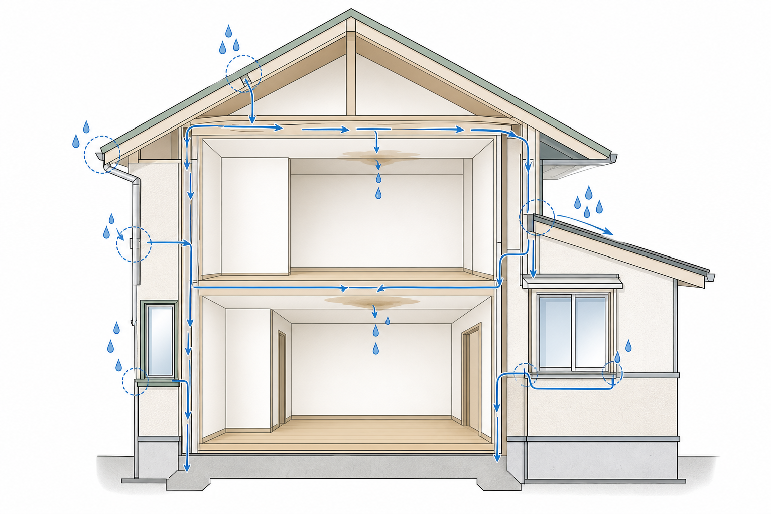 屋根や外壁の侵入口候補から雨水が建物内部を伝い、離れた天井に症状が出る可能性を示す模式図