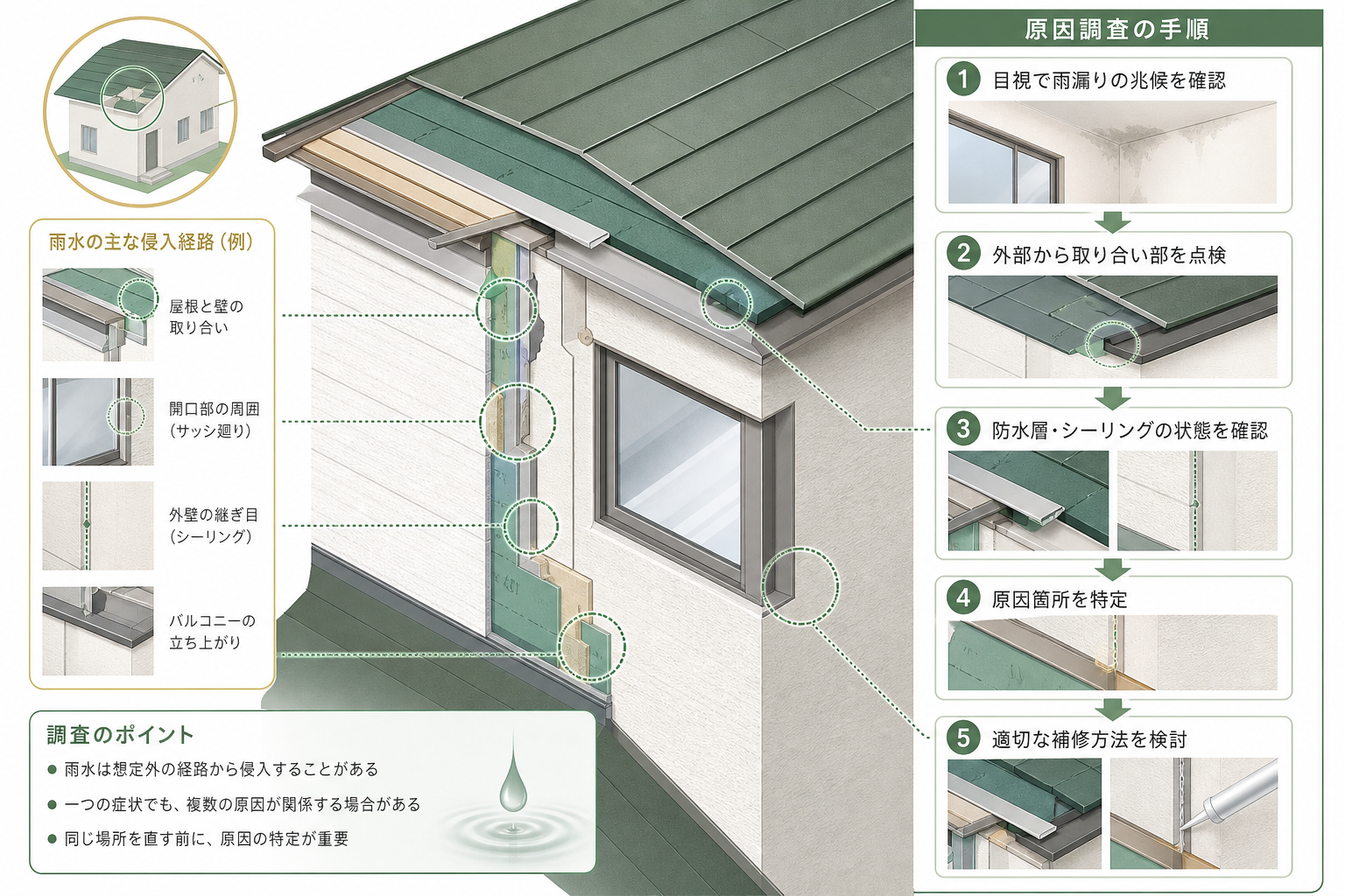 屋根または外壁の防水処理に関わる施工工程の例